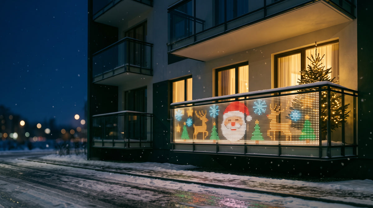 Balcón iluminado con la cortina de luces navideñas animadas La Nocte