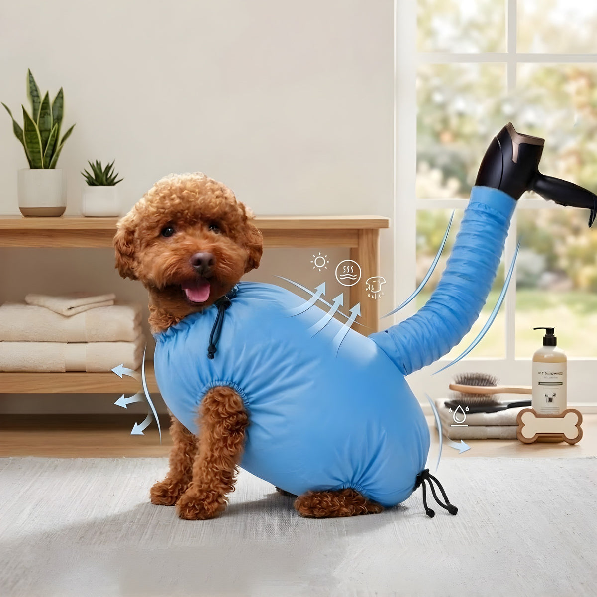 Caniche abricot dans le sac de séchage