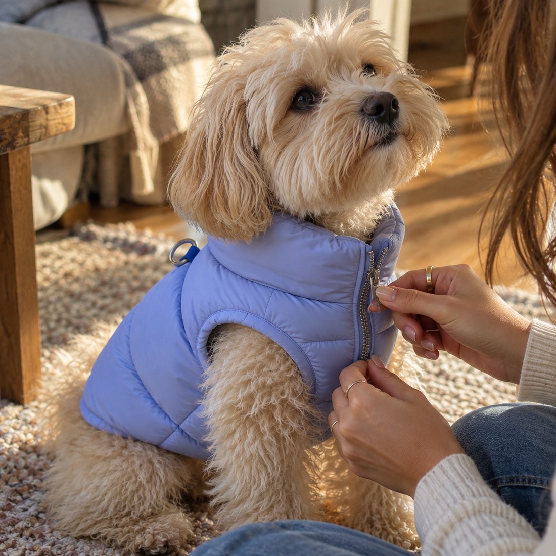 Main ajustant la doudoune lavande sur un chien au poil bouclé