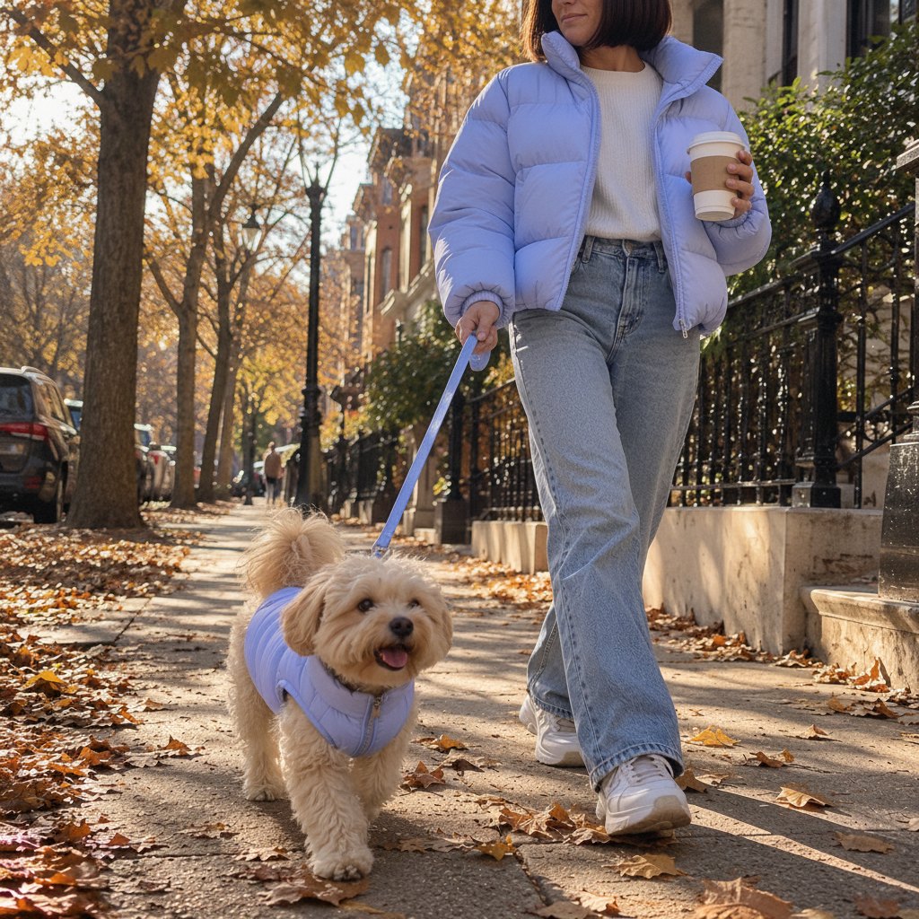 Une femme en doudoune lavande promène son chien en doudoune assortie dans une rue d'automne