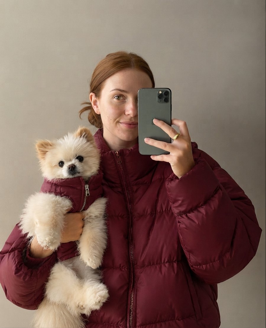 Femme en doudoune bordeaux tenant son petit chien vêtu de la doudoune bordeaux