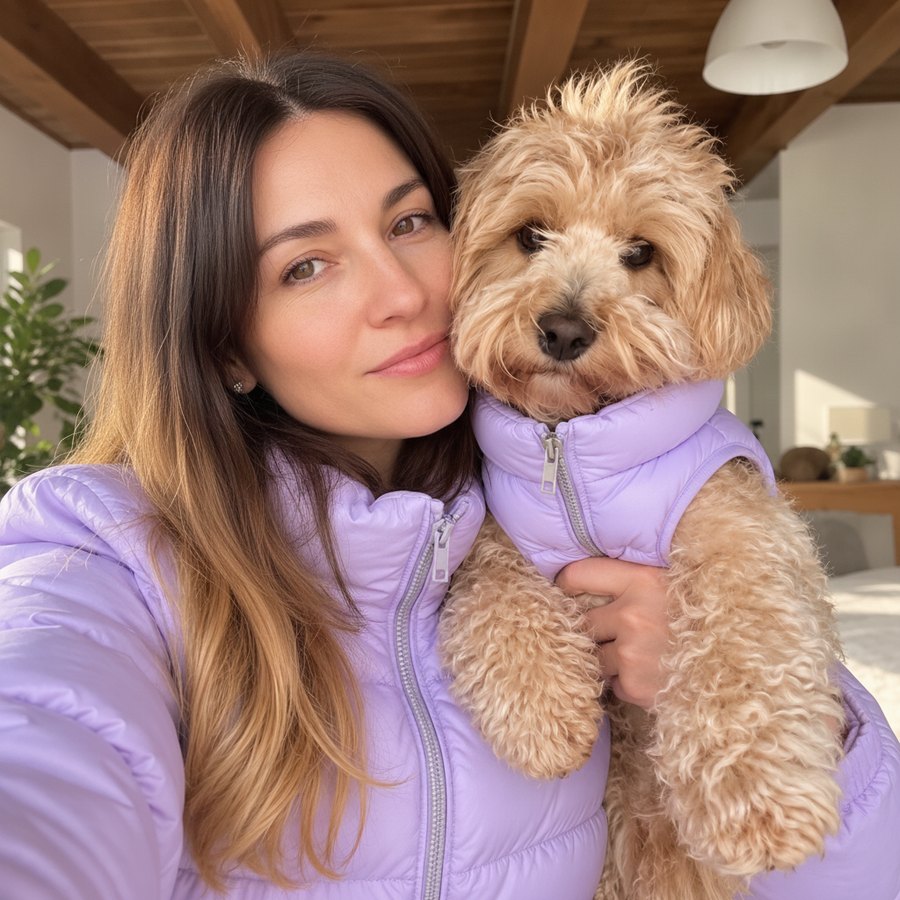 Femme en doudoune lilas joue contre joue avec son chien en doudoune lilas