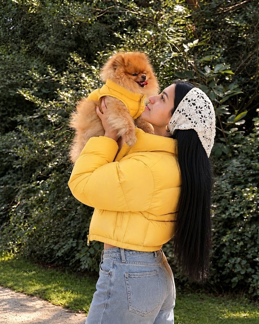 Femme en doudoune jaune soulevant un petit chien en doudoune jaune
