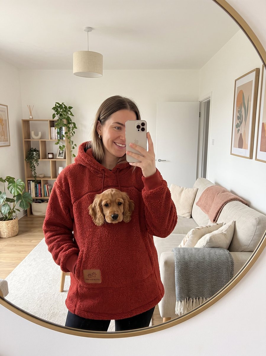 Femme en sweat à poche rouge, un chiot dans la poche, devant son miroir