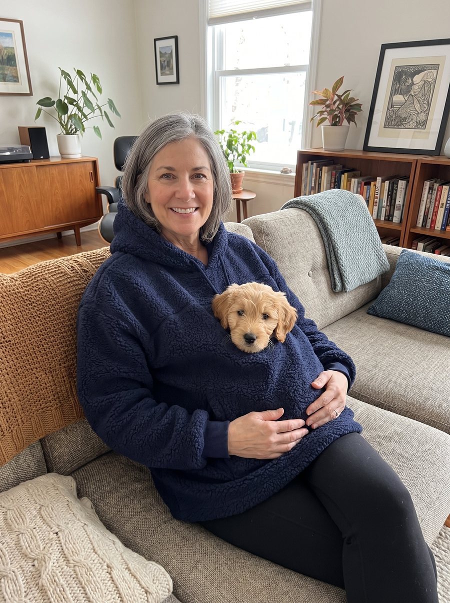 Femme assise dans son canapé en sweat à poche bleu marine avec un chiot