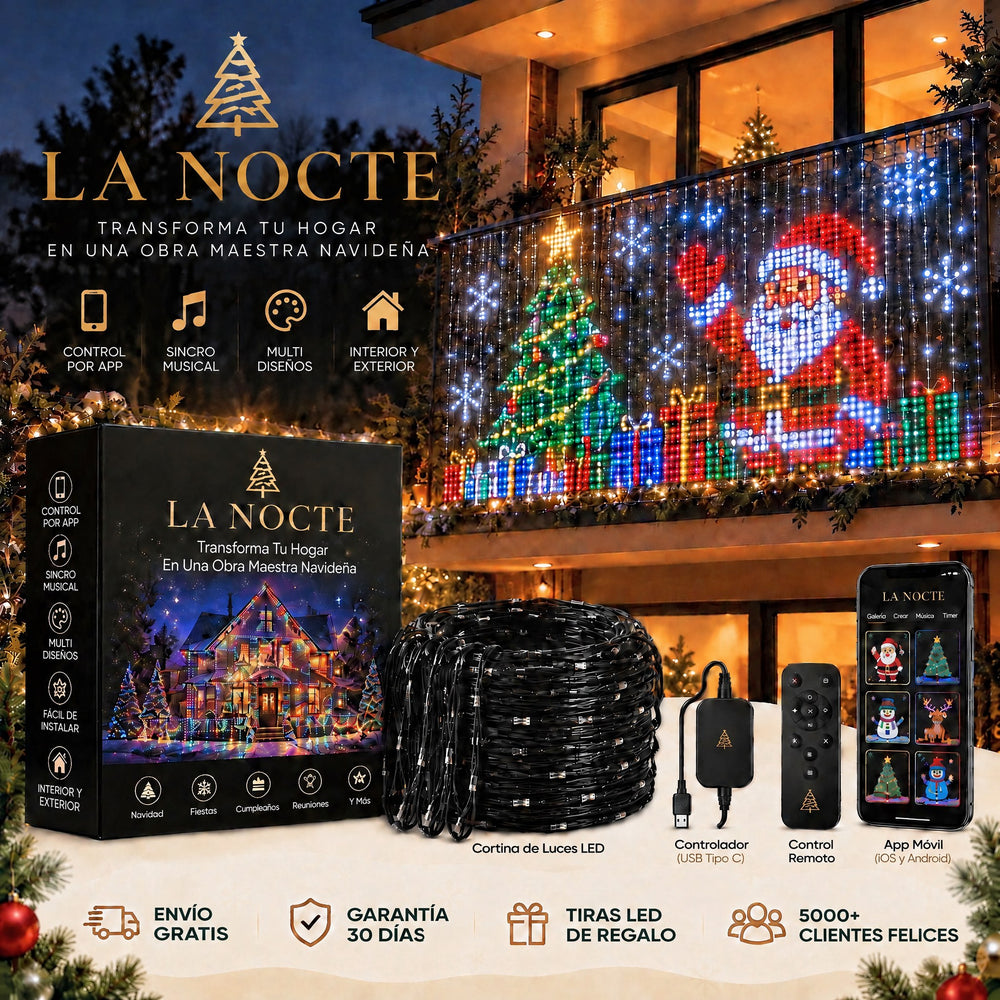 Cortina de luces LED animadas La Nocte en un balcón, con la caja, el controlador, el control remoto y la app