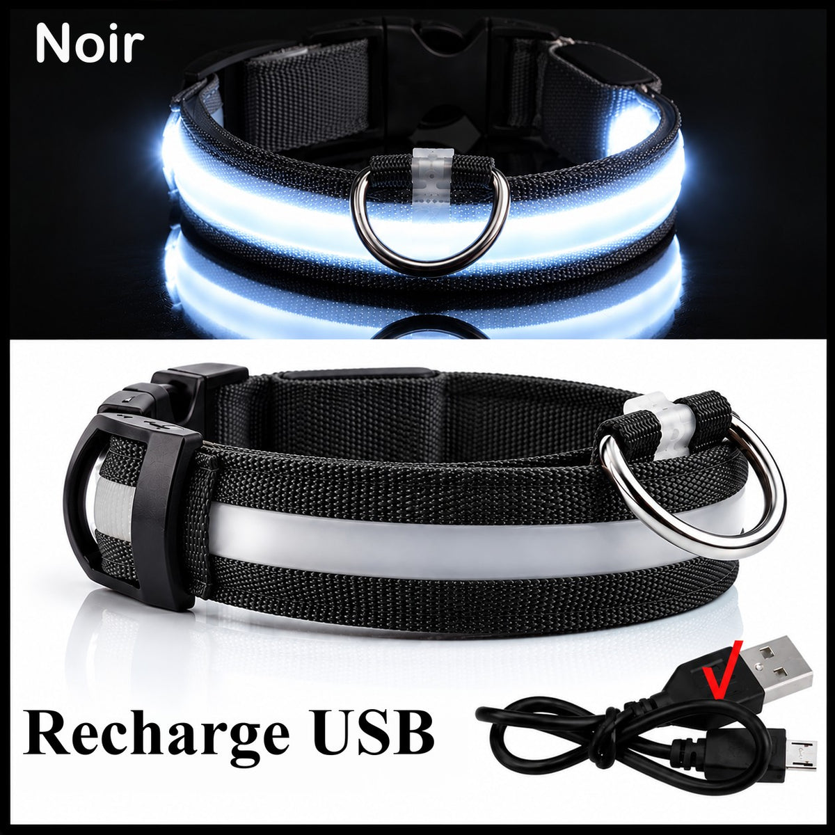 Collier lumineux noir allumé et son câble de recharge USB