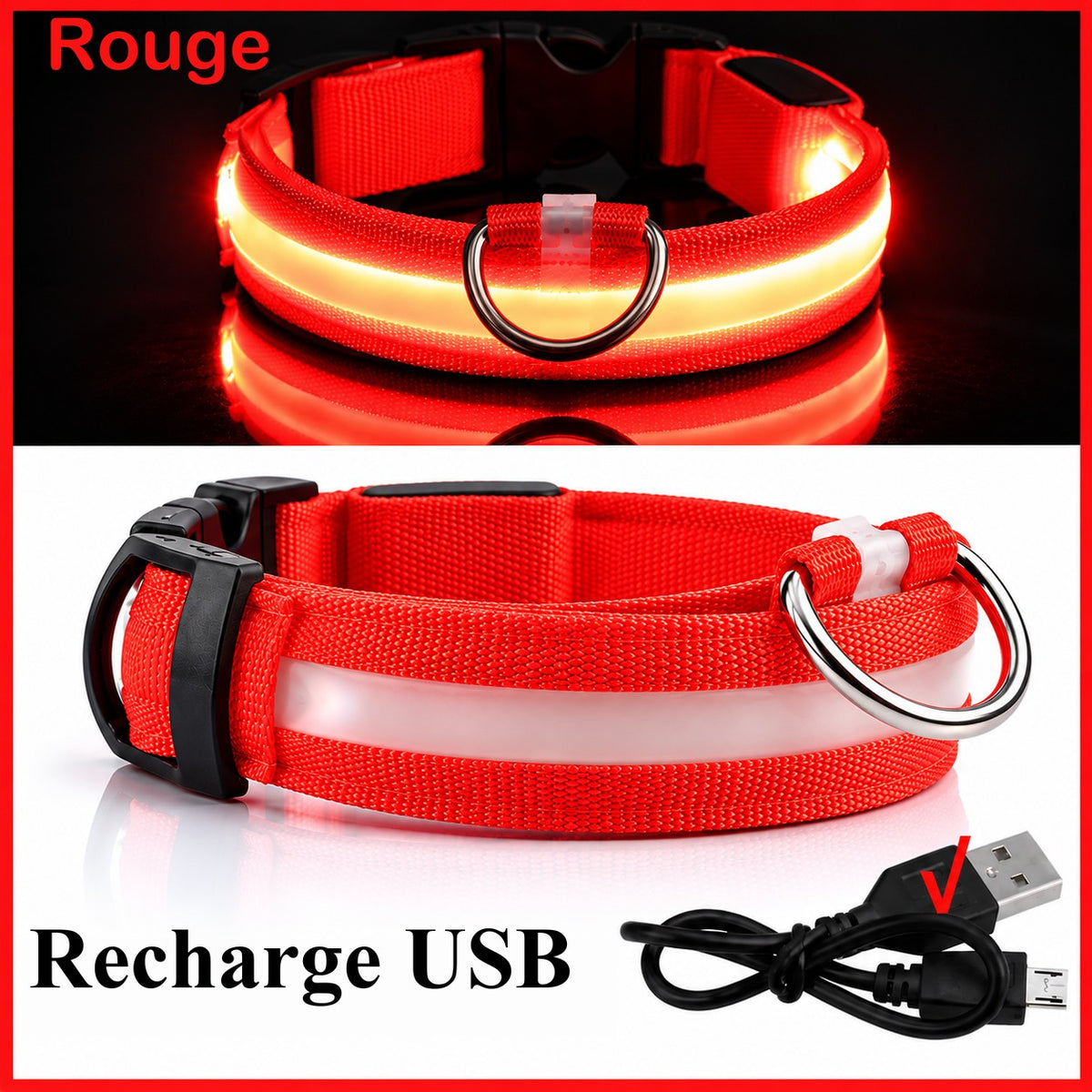 Collier lumineux rouge allumé et son câble de recharge USB
