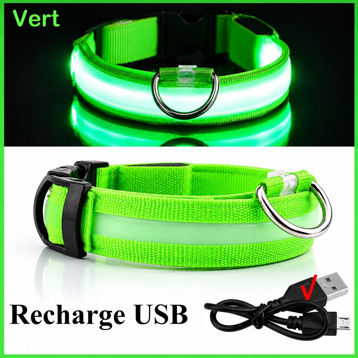 Collier lumineux vert allumé et son câble de recharge USB