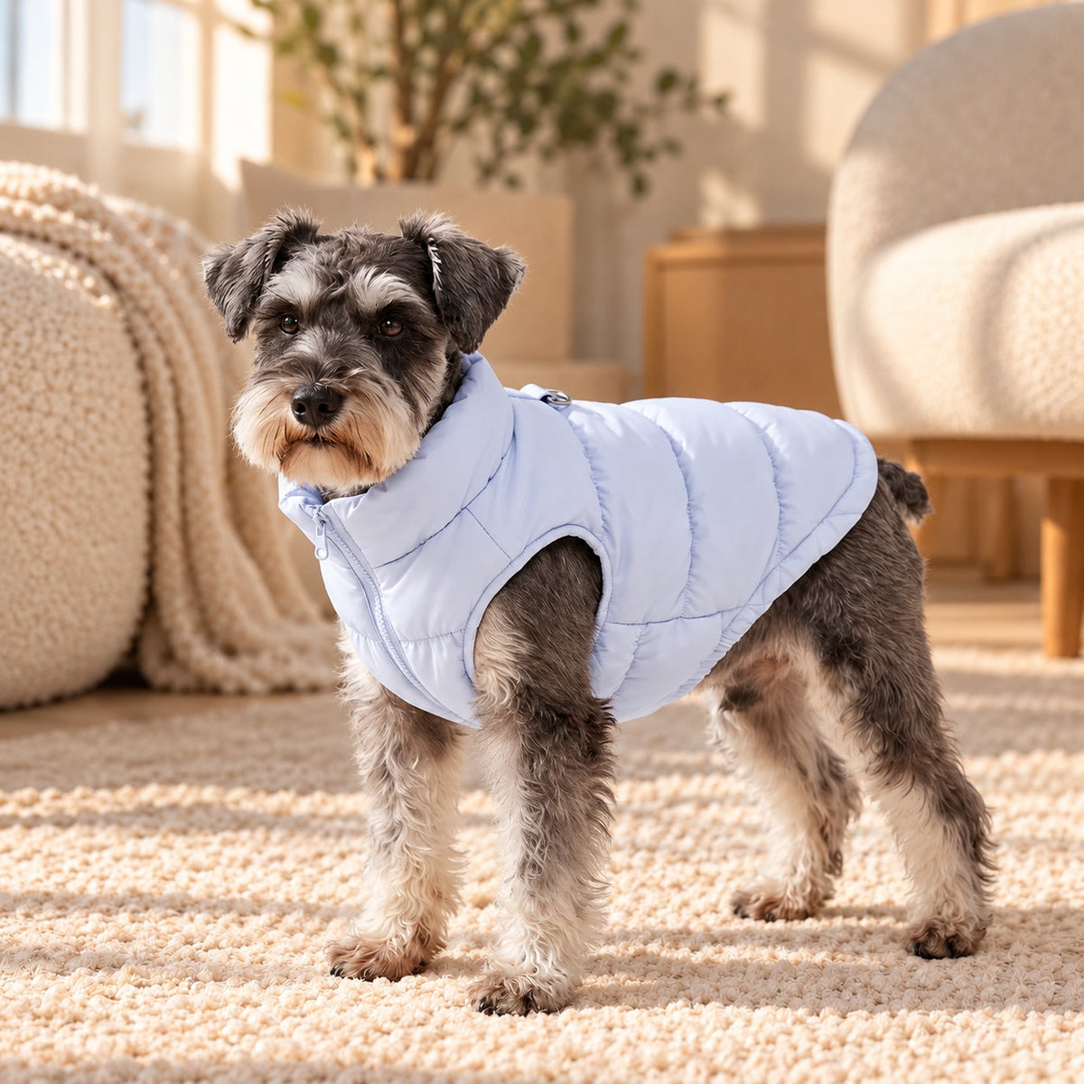 Doudoune pour chien Bleu ciel portée par un schnauzer nain