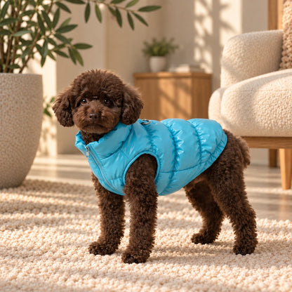 Doudoune pour chien Bleu portée par un caniche toy