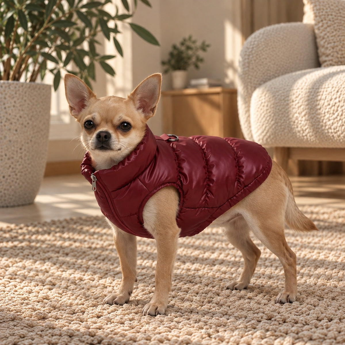 Doudoune pour chien Bordeaux portée par un chihuahua