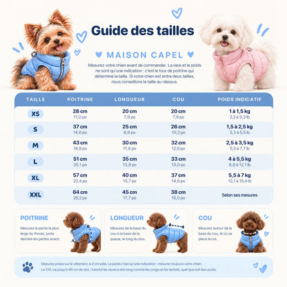Guide des tailles de la doudoune : tour de poitrine, longueur, cou et poids indicatif du XS au XXL