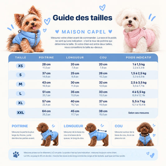 Guide des tailles de la doudoune : tour de poitrine, longueur, cou et poids indicatif du XS au XXL