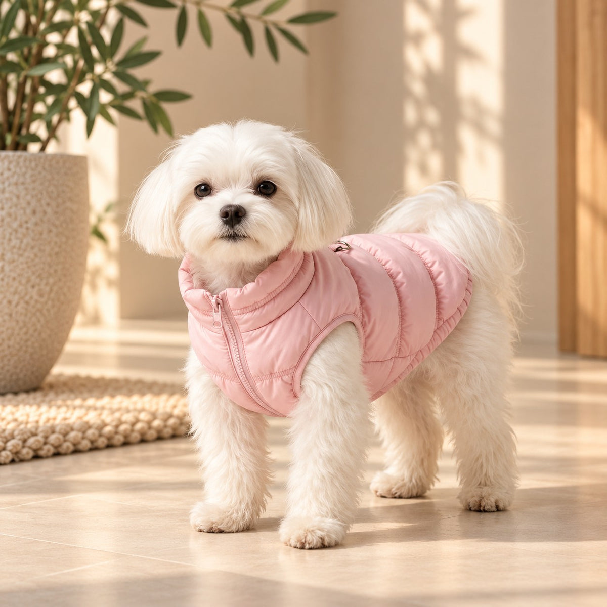 Doudoune pour chien Rose portée par un bichon maltais