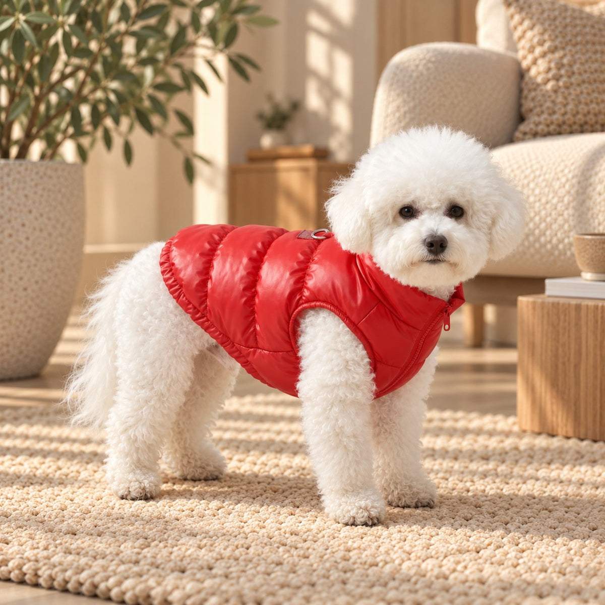 Doudoune pour chien Rouge portée par un bichon frisé