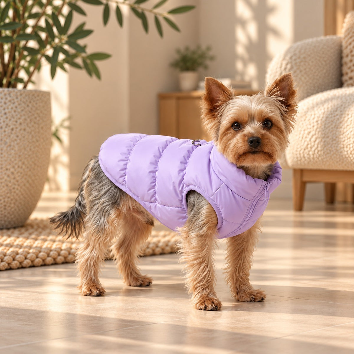 Doudoune pour chien Violet portée par un yorkshire