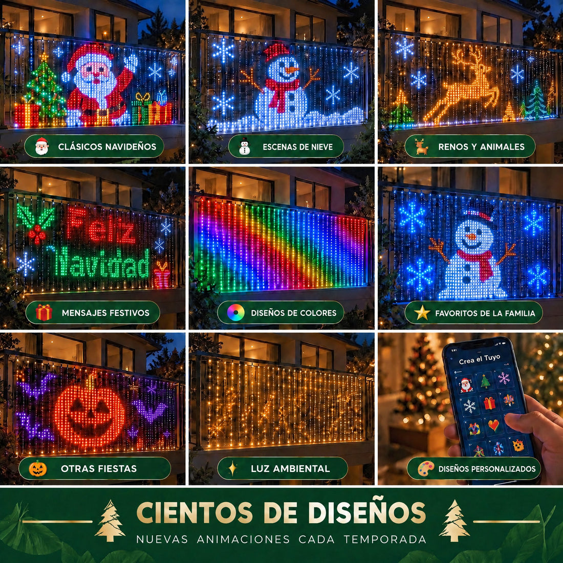 Cientos de diseños animados: clásicos navideños, escenas de nieve, renos y mensajes festivos