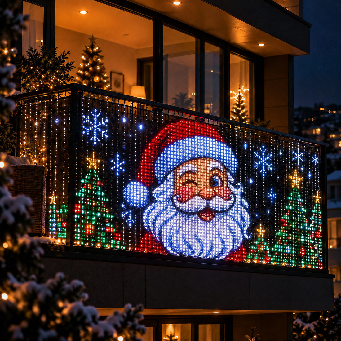 Balcón iluminado de noche con un Santa animado hecho de luces LED La Nocte