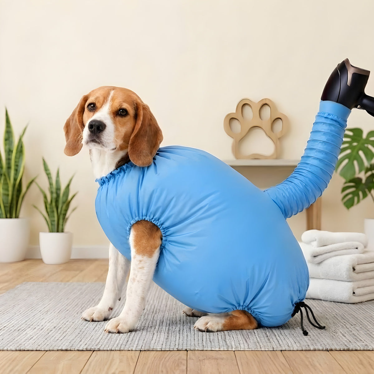 Beagle dans le sac de séchage