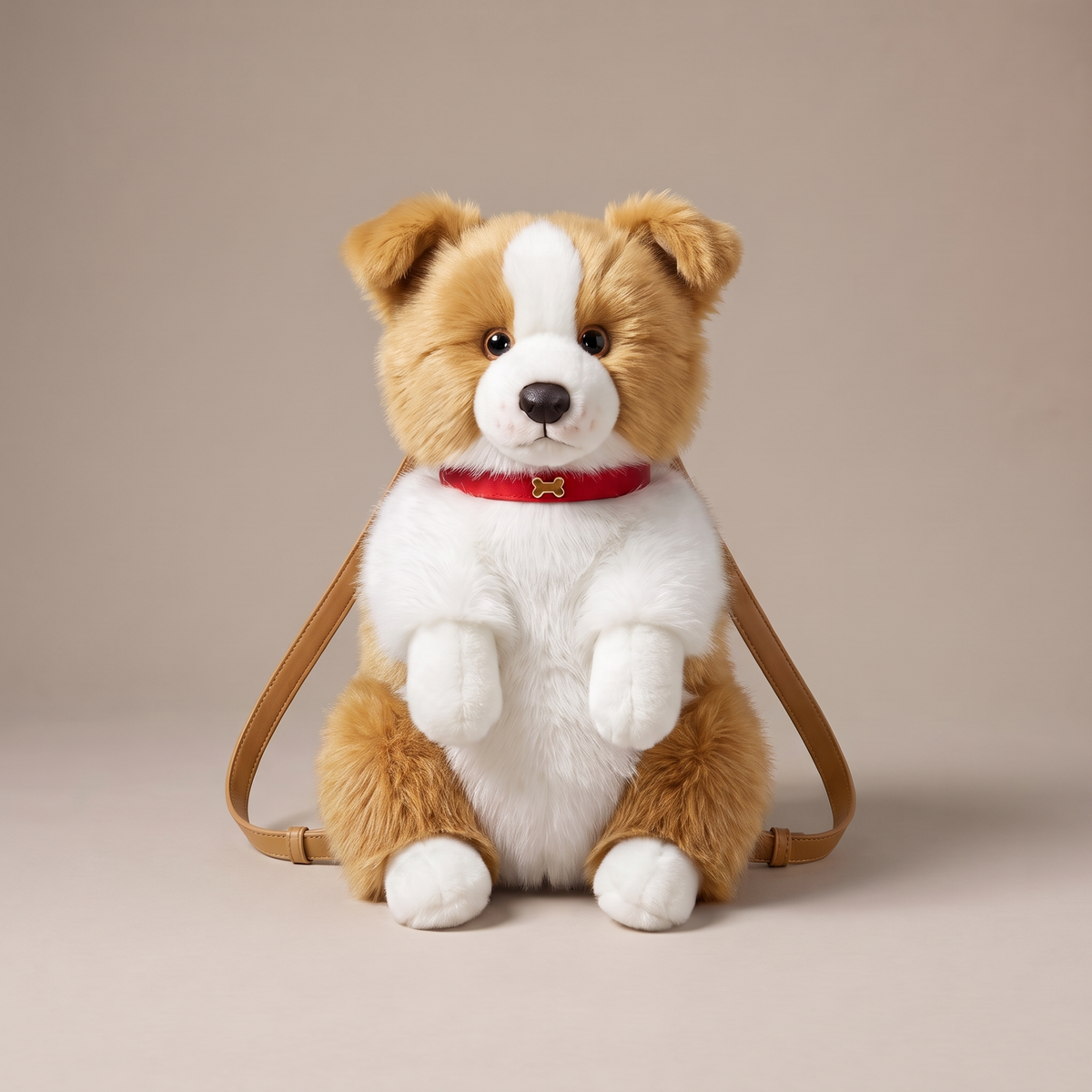 Sac à dos peluche colley fauve avec collier rouge et breloque os dorée