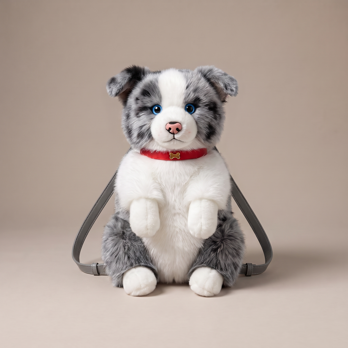 Sac à dos peluche colley gris merle aux yeux bleus