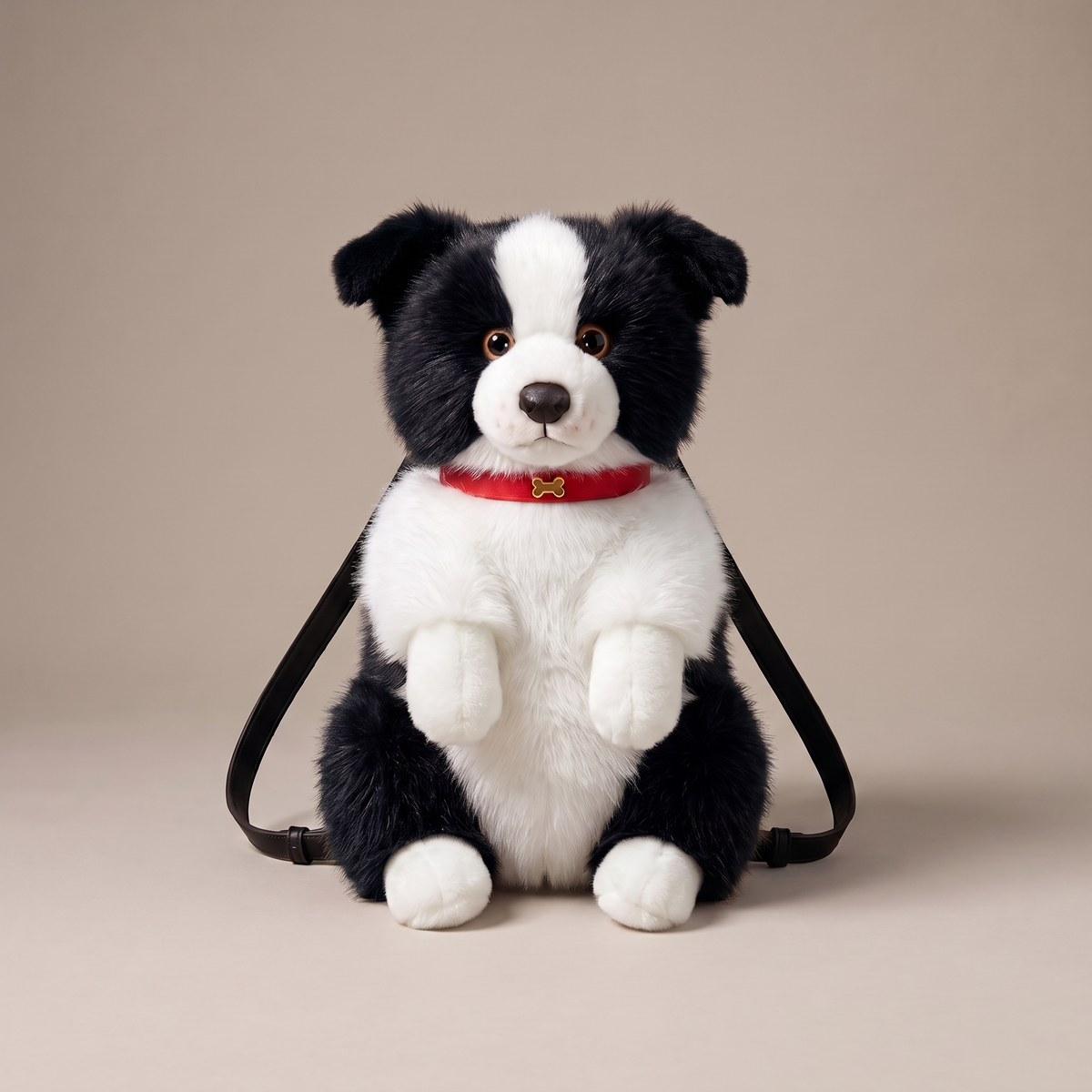 Sac à dos peluche colley noir et blanc avec bretelles noires