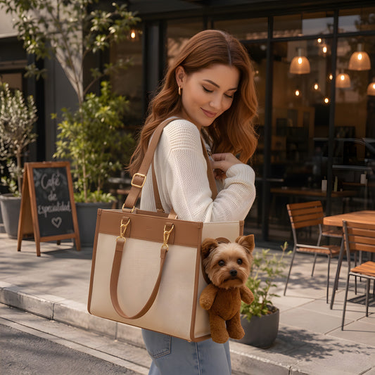 Femme en terrasse portant le sac ourson, son chien qui passe la tête par l'ourson