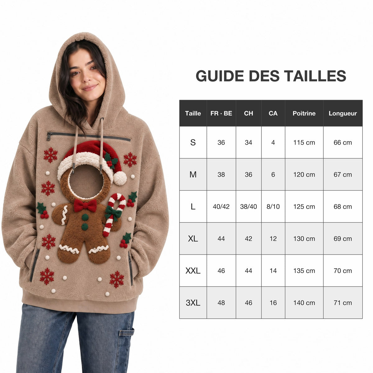 Guide des tailles du sweat à poche de Noël avec les équivalences FR, BE, CH et CA