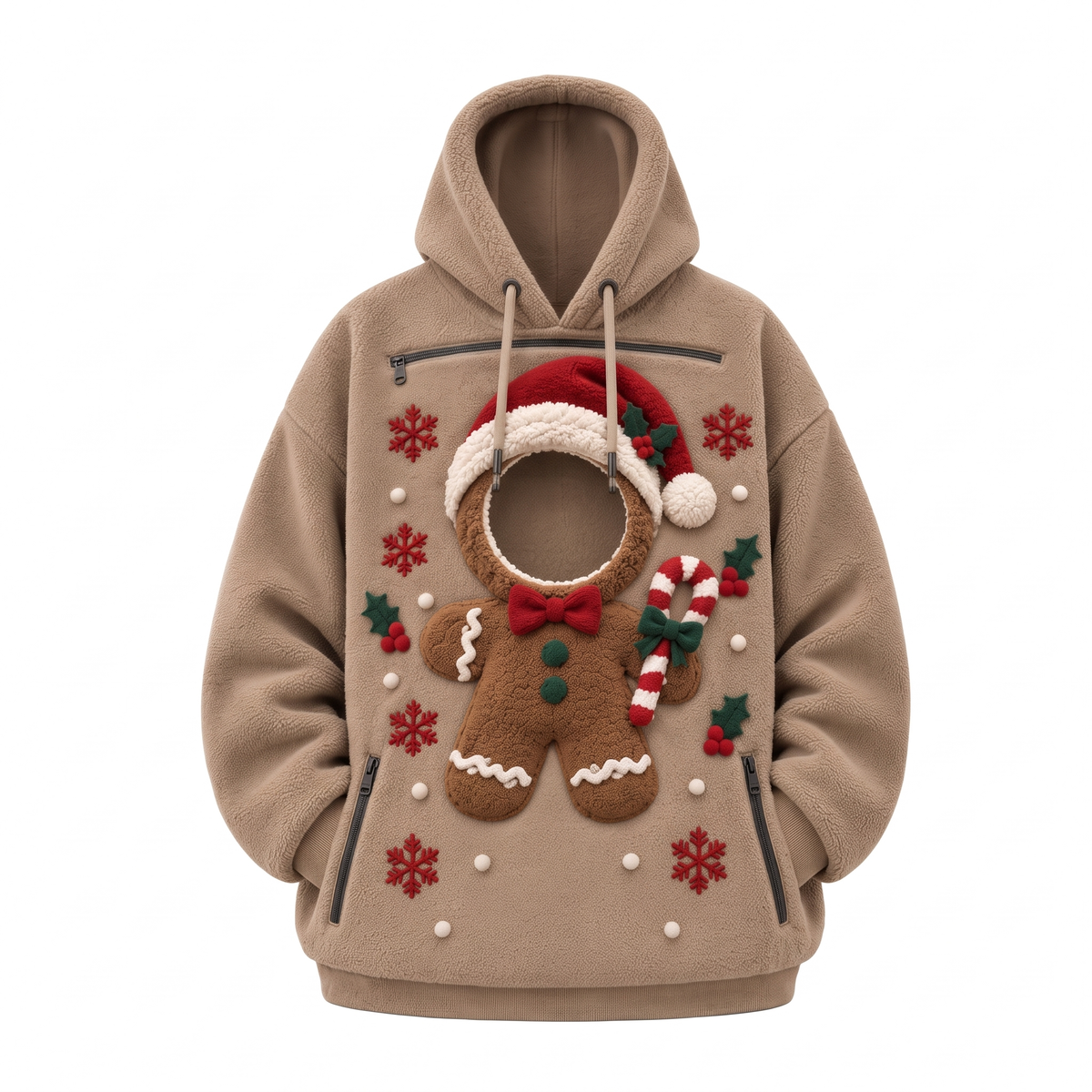 Sweat à poche pour chien Beige de Noël, motif bonhomme en pain d'épices