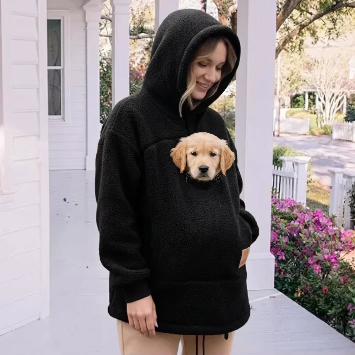 Femme en sweat à poche noir, un chiot dans la poche