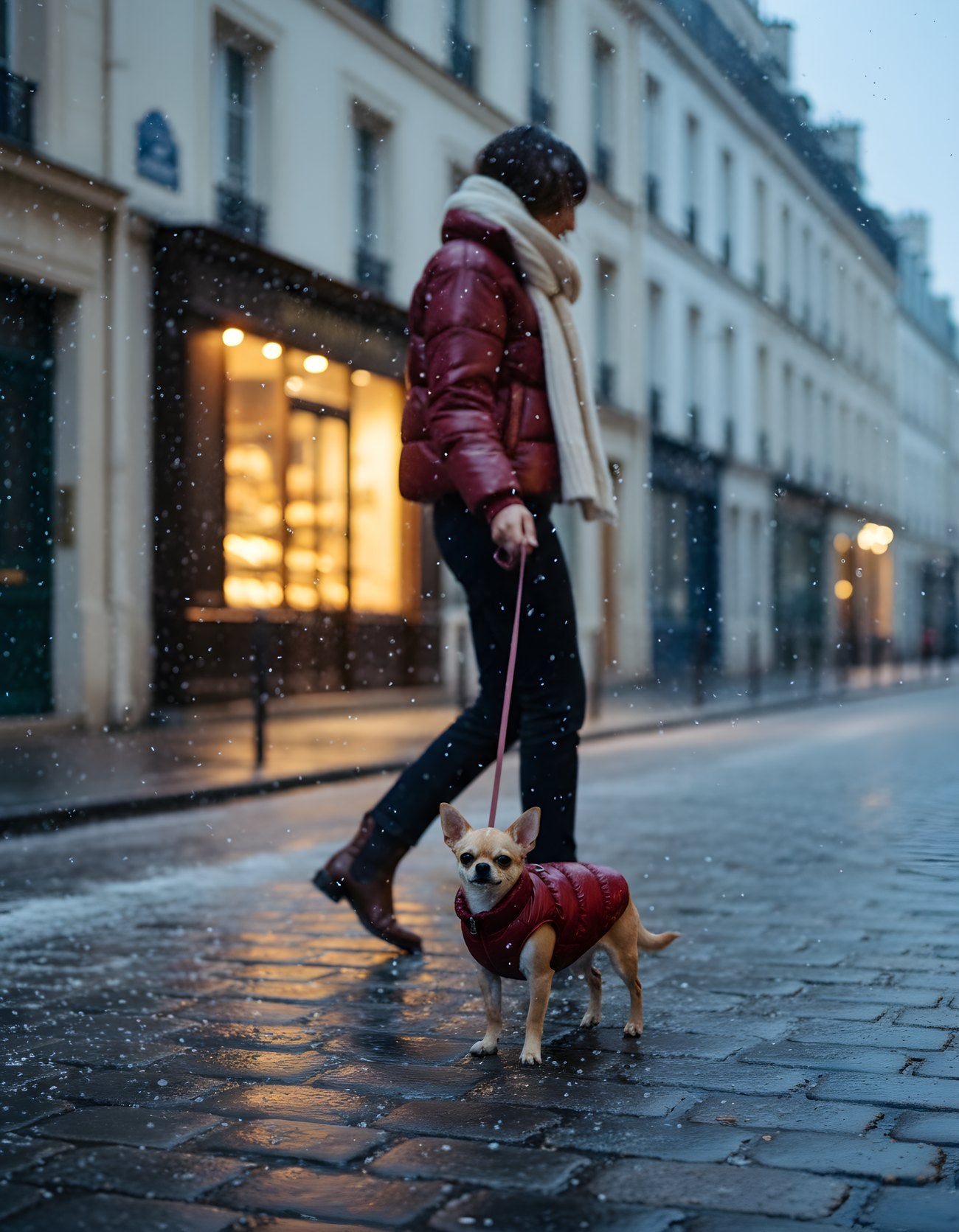 Une femme et son chihuahua en doudounes bordeaux assorties dans une rue enneigée