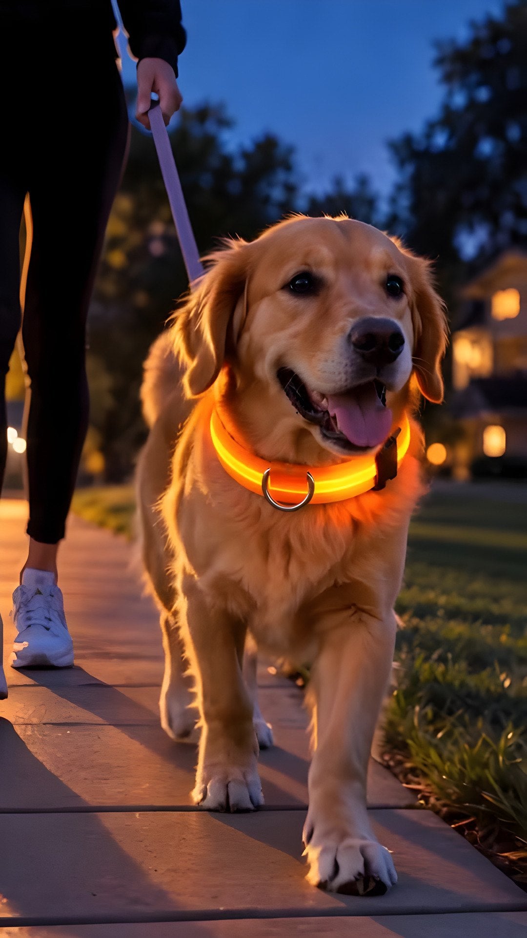 Golden retriever avec son collier lumineux lors d'une balade du soir
