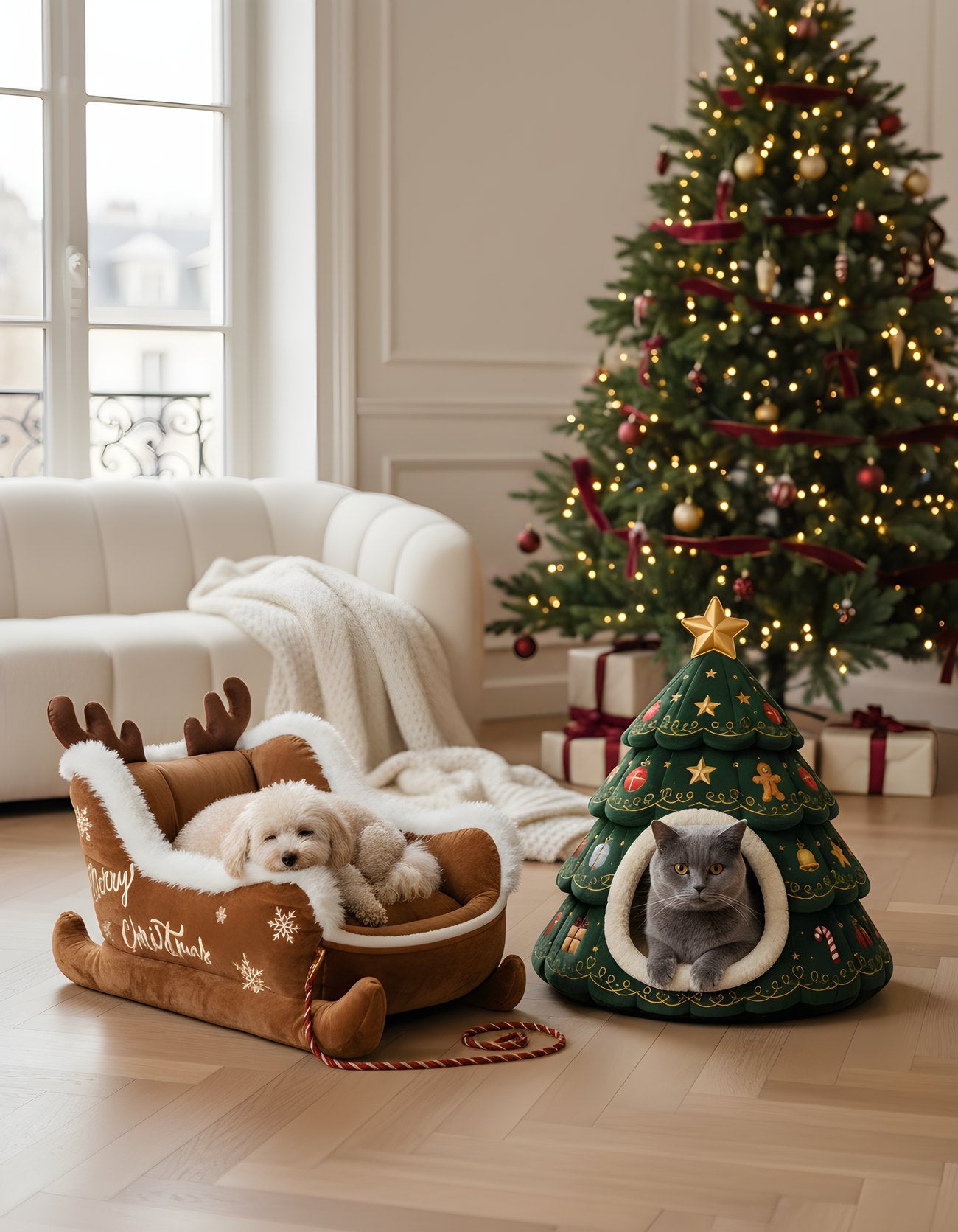 Un chien endormi dans le traîneau du renne et un chat dans le sapin de Noël velours, au pied du sapin