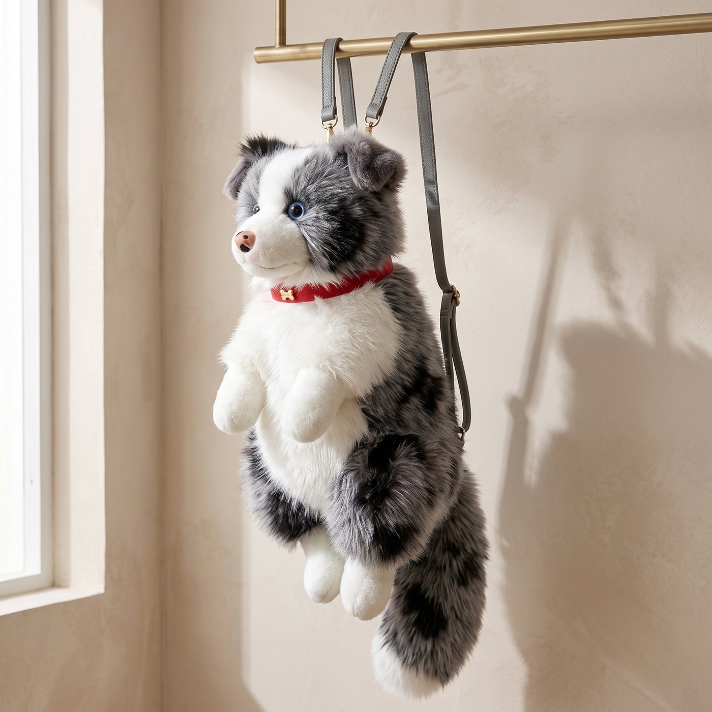 Colley gris merle en peluche suspendu par ses bretelles