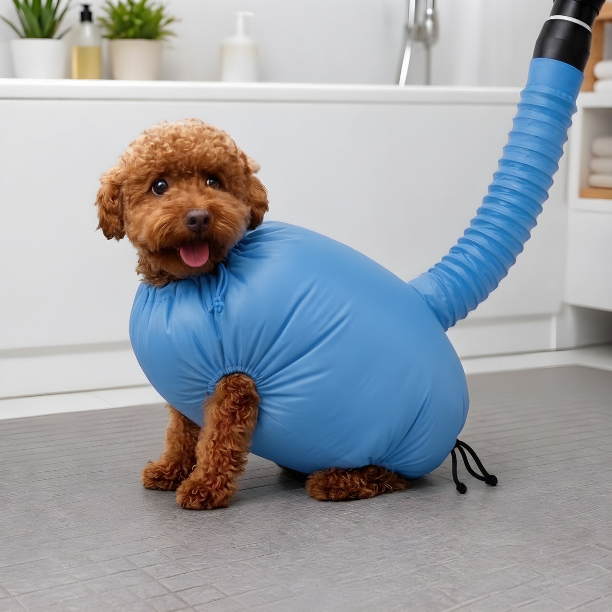Le même caniche calme et au chaud dans le sac de séchage