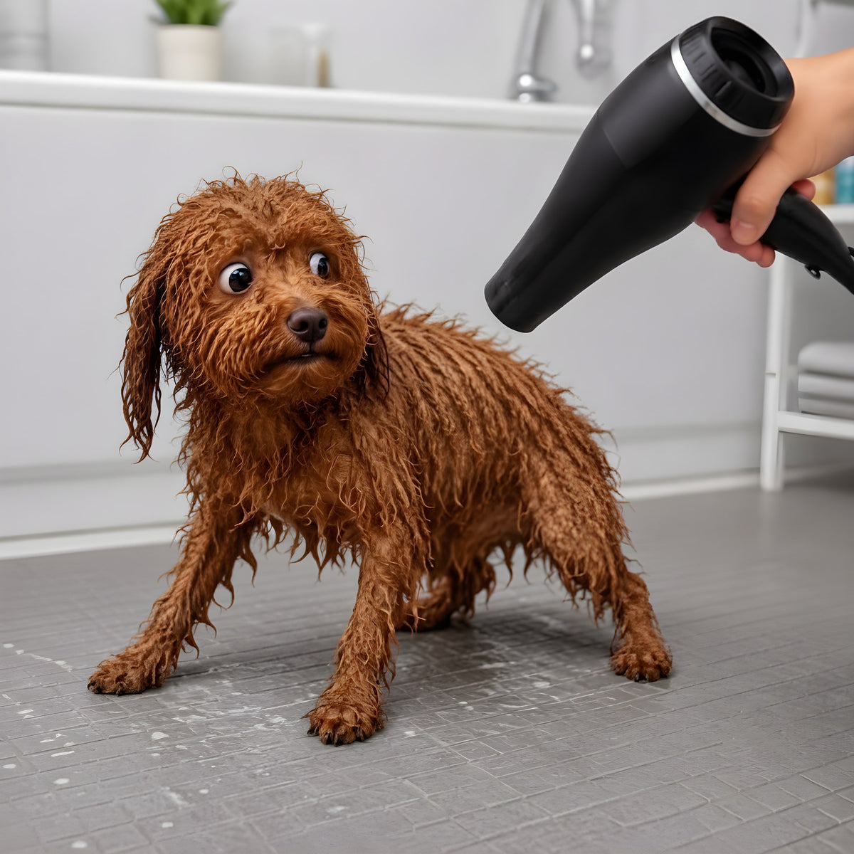 Caniche trempé et apeuré devant un sèche-cheveux bruyant