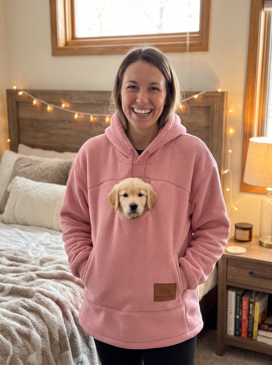 Femme souriante en sweat à poche rose avec un chiot dans la poche